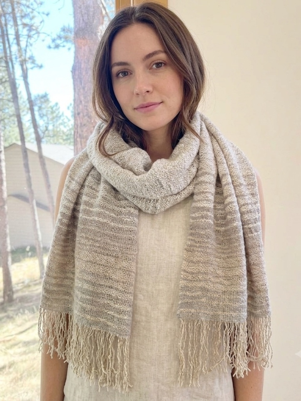 Vintage Merona Large Fringed Ombré Striped Pastel Blanket Scarf Beige Gray Tan